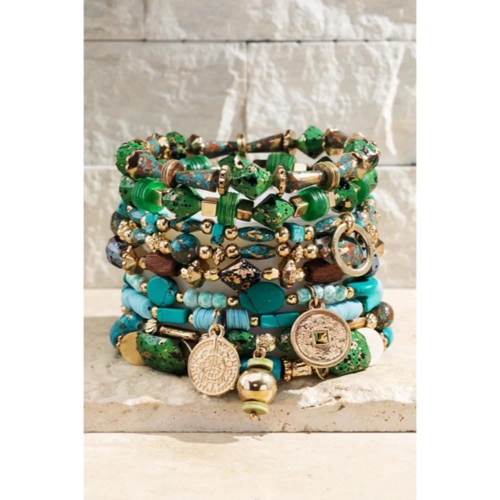 Green Hidden Valley Multi Layer Natural Stone Charm Boho Stretch Bracelet Set - Picture 3 of 5
